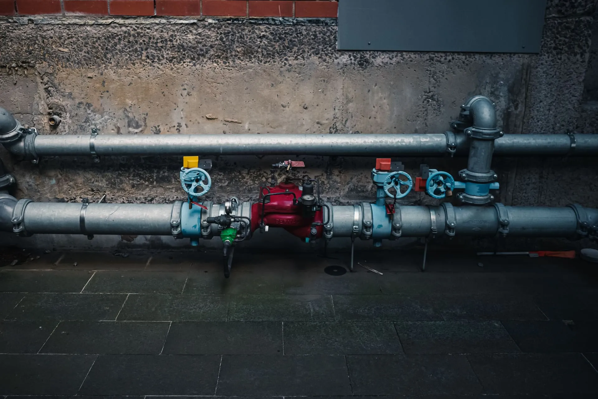 Water main pipework with shut-off valves, the first stop for a burst water pipe
