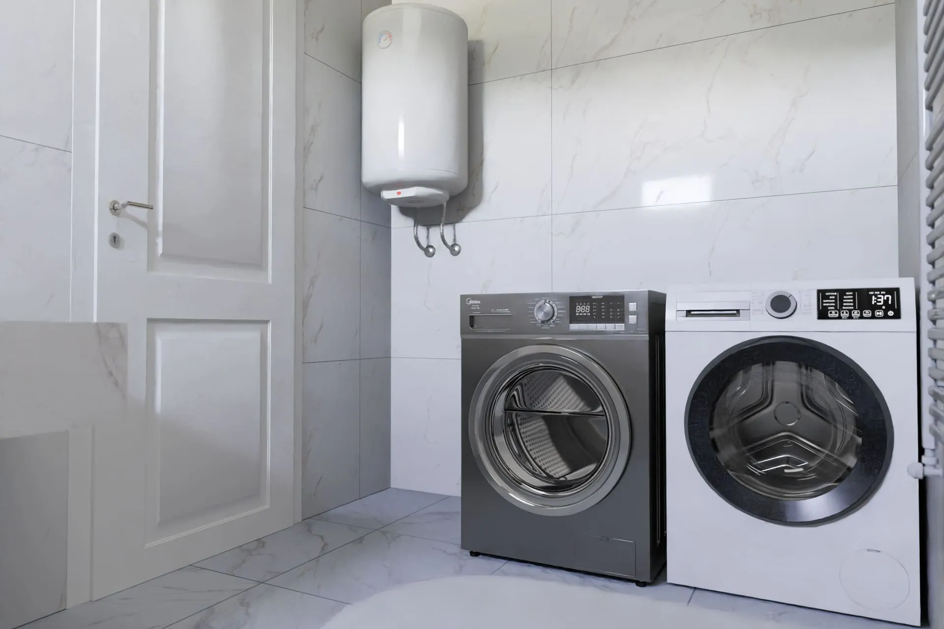 Electric hot water system mounted on a laundry wall above two washing machines